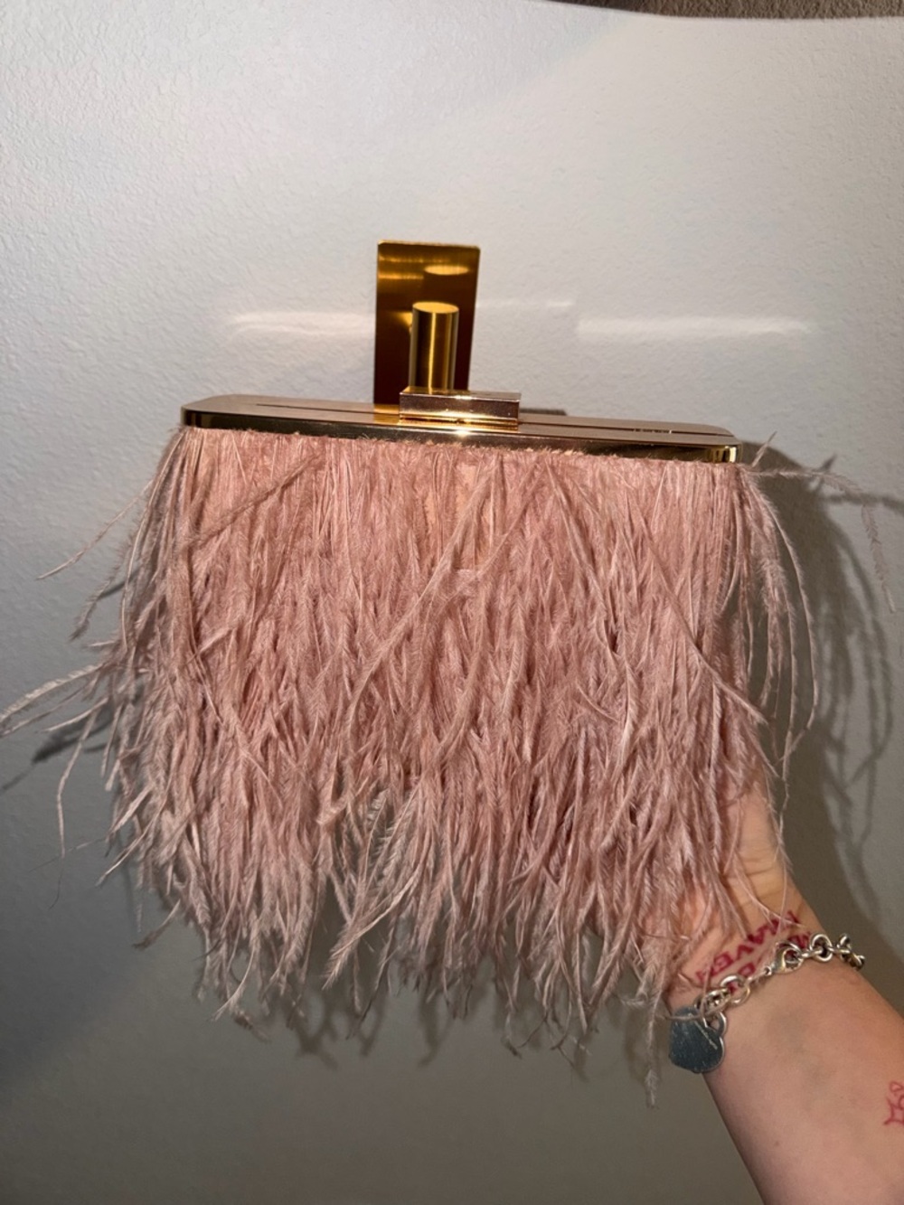 Olga berg Feather Pink Clutch with Gold Hardware